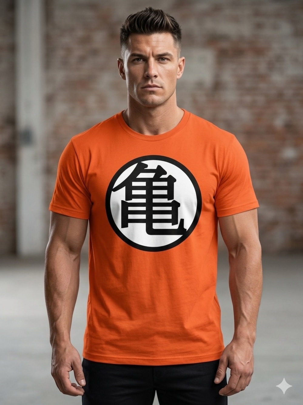 Orange Short-Sleeve Graphic Crewneck Tee with Black and White Emblem